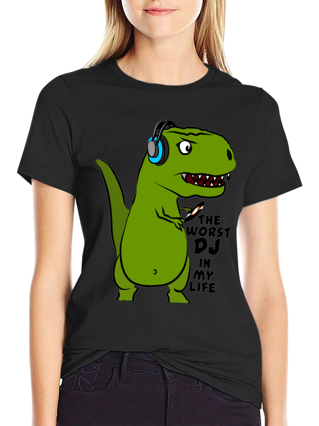 Dino DJ T-Shirt - Black Cotton Graphic Tee