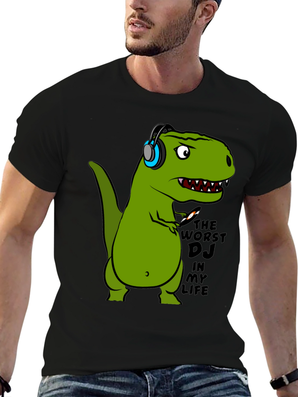 Dino DJ T-Shirt - Black Cotton Graphic Tee