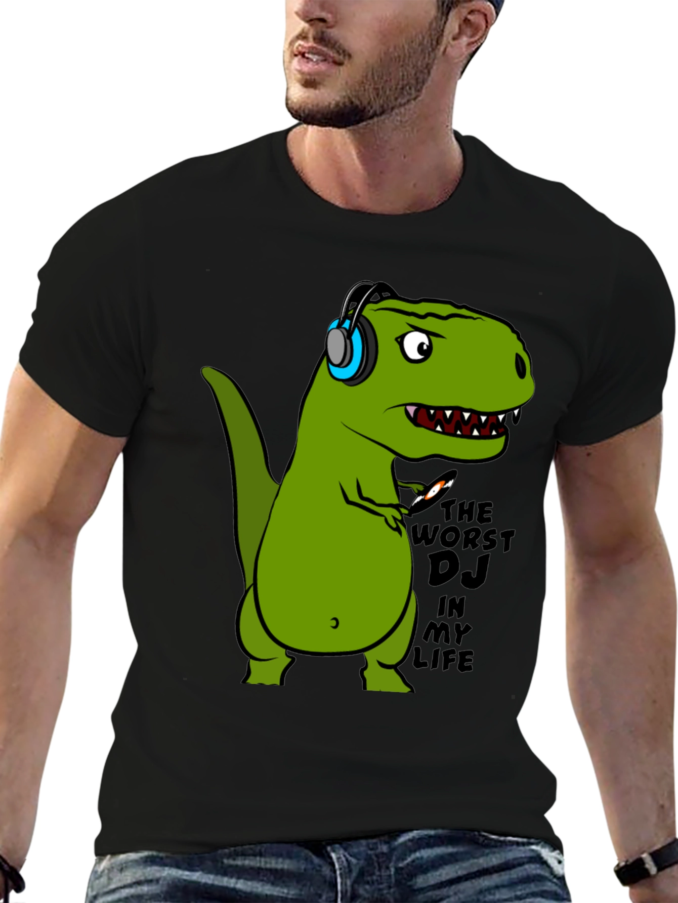 Dino DJ T-Shirt - Black Cotton Graphic Tee