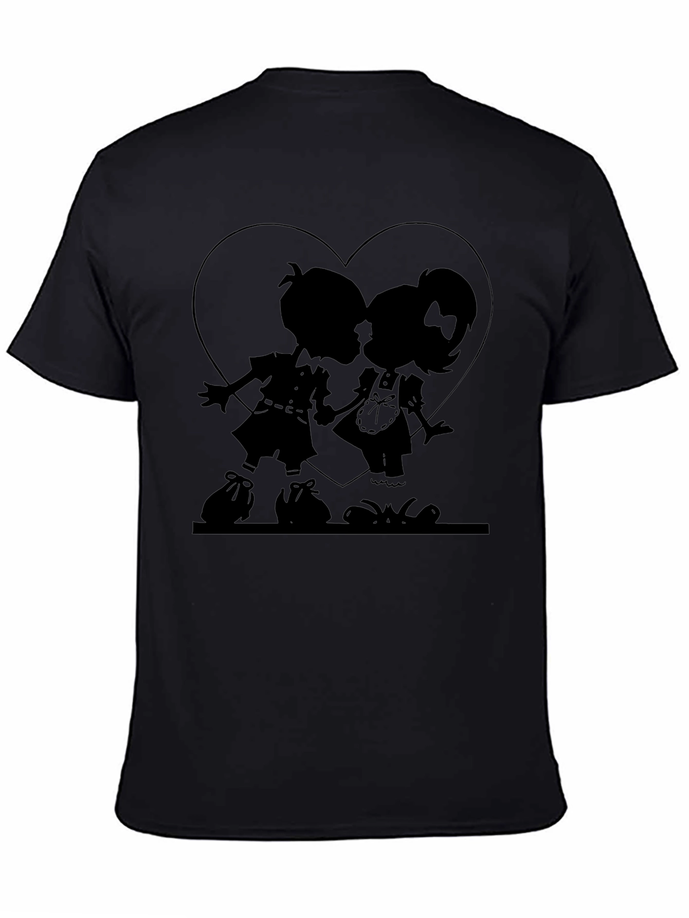 Heart Silhouette Couple Graphic Tee - Black Cotton Casual Shirt