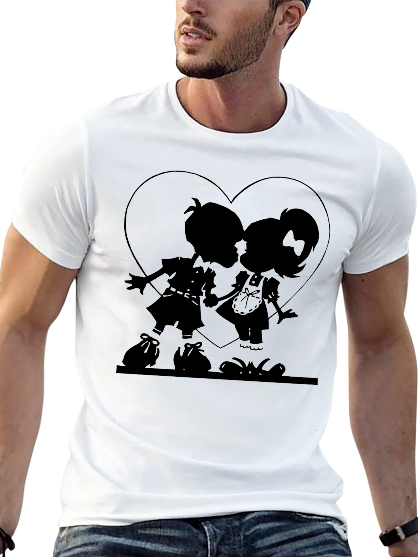 Heart Silhouette Couple Graphic Tee - Black Cotton Casual Shirt
