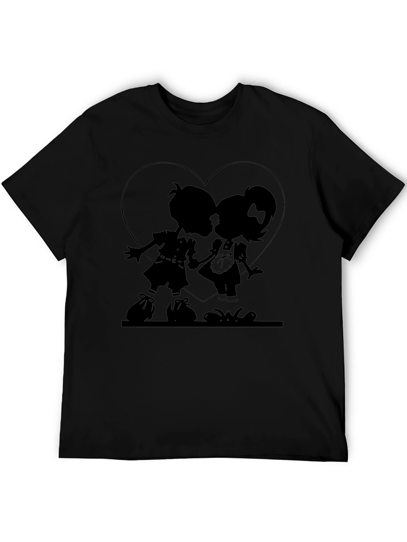 Heart Silhouette Couple Graphic Tee - Black Cotton Casual Shirt