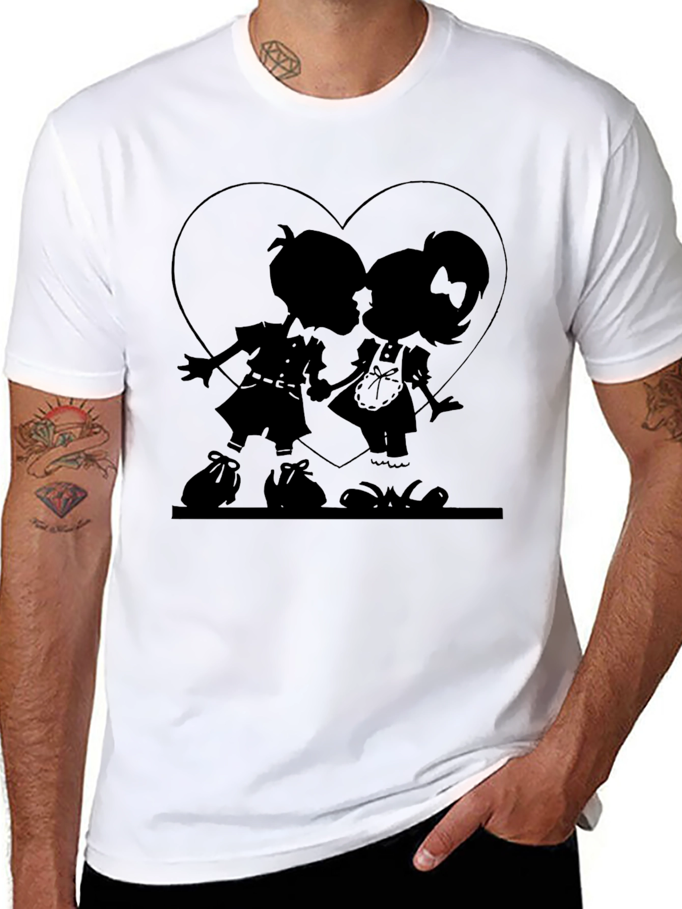 Heart Silhouette Couple Graphic Tee - Black Cotton Casual Shirt