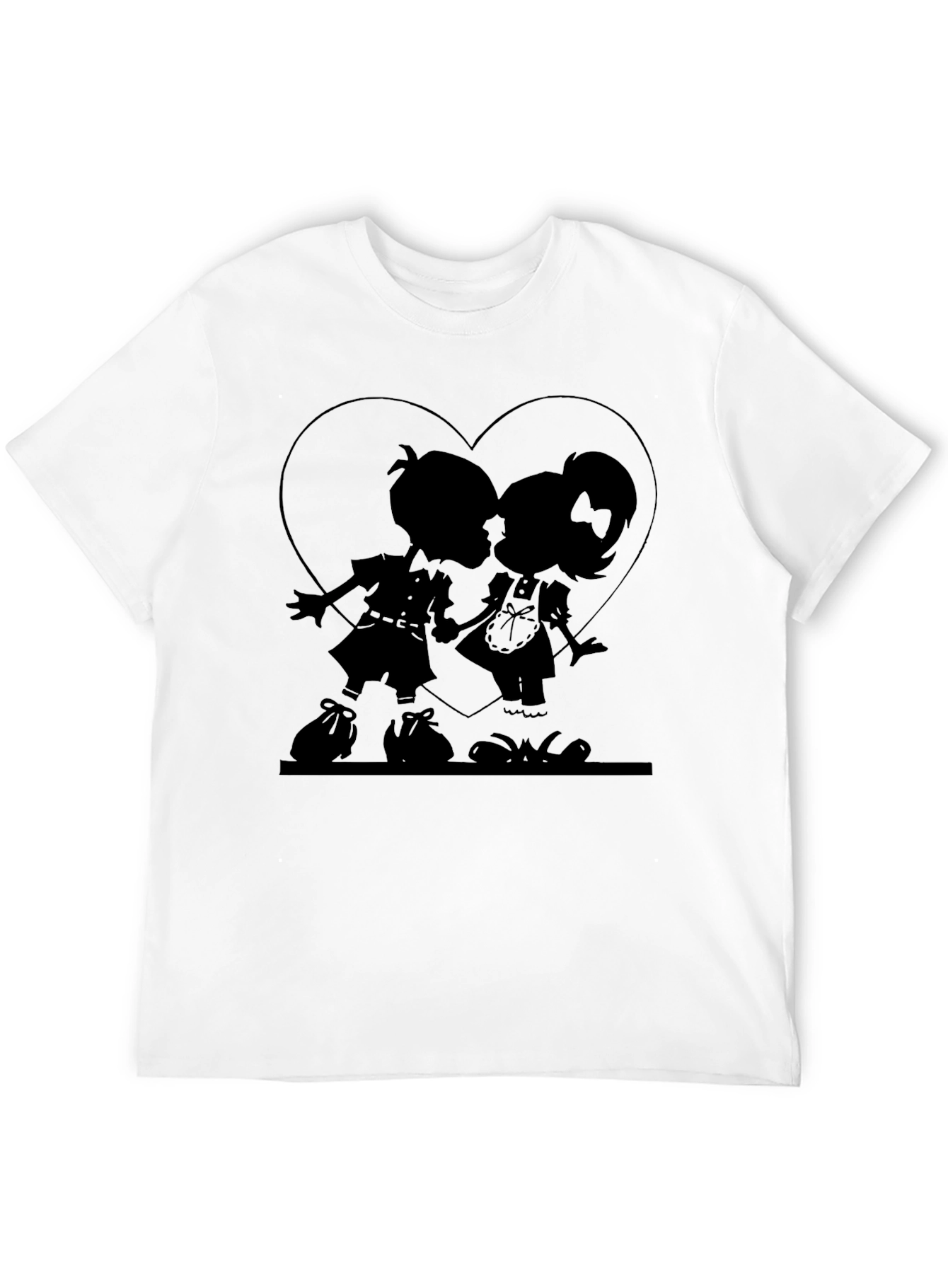 Heart Silhouette Couple Graphic Tee - Black Cotton Casual Shirt