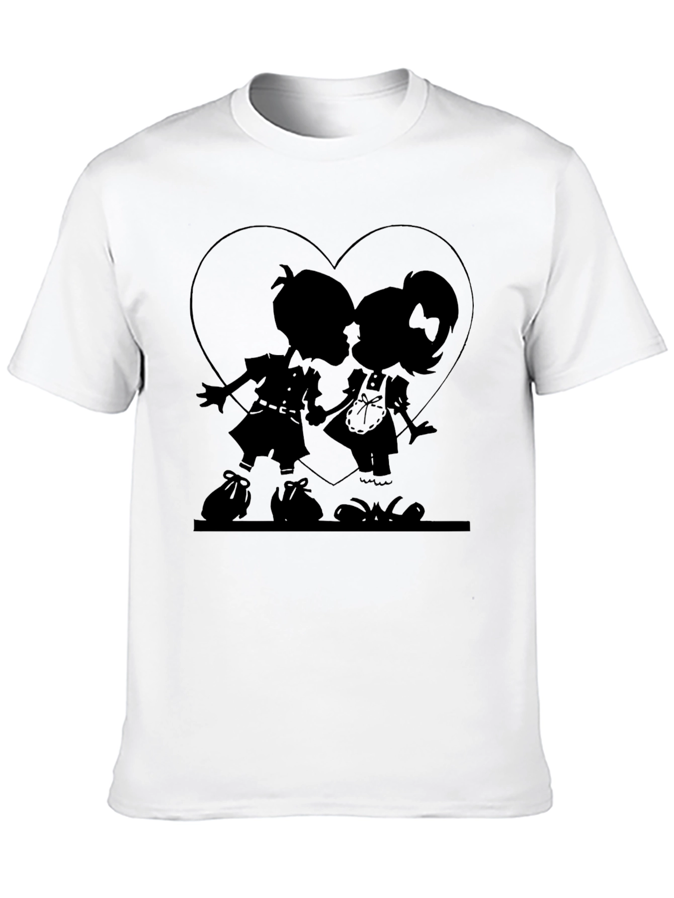 Heart Silhouette Couple Graphic Tee - Black Cotton Casual Shirt
