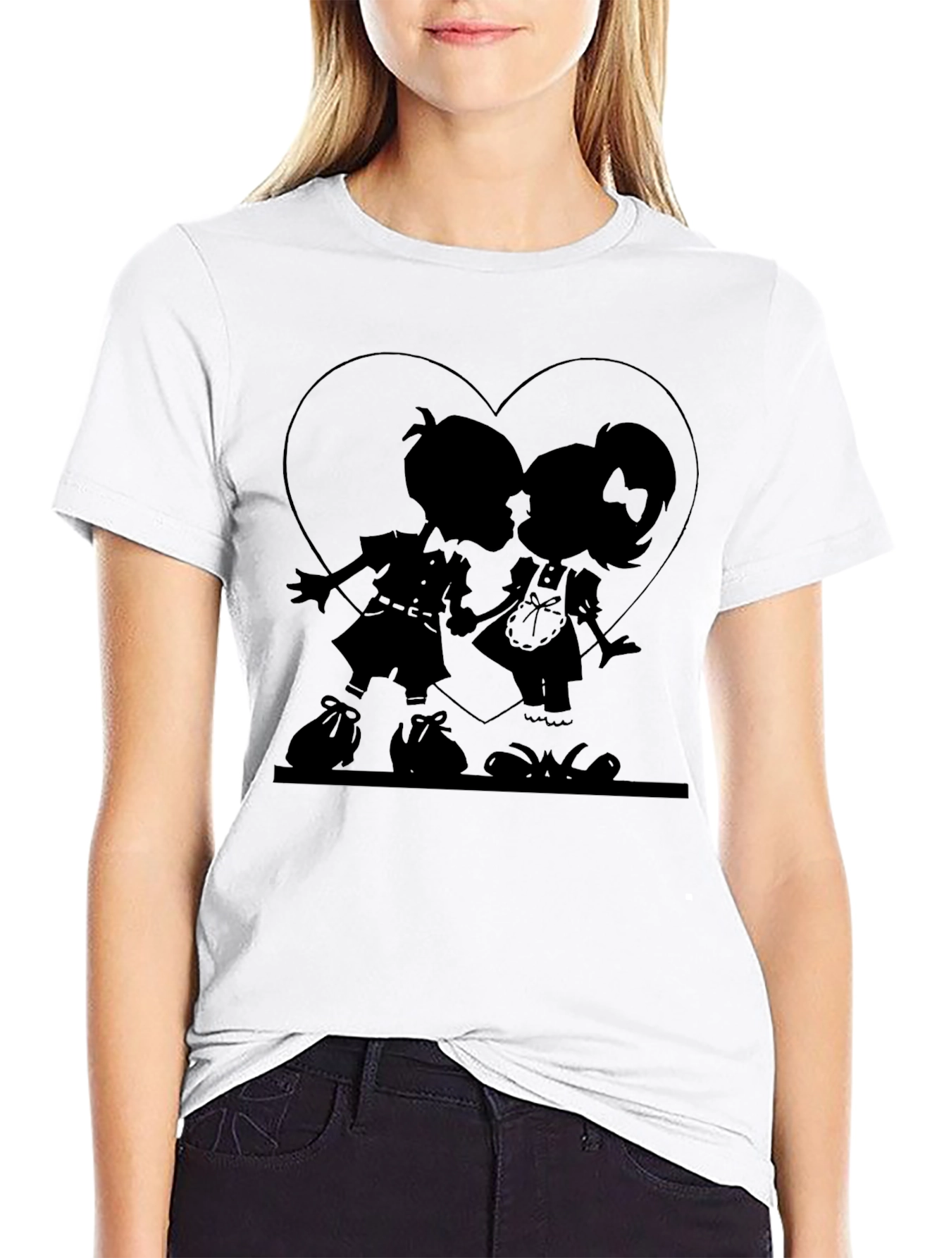 Heart Silhouette Couple Graphic Tee - Black Cotton Casual Shirt