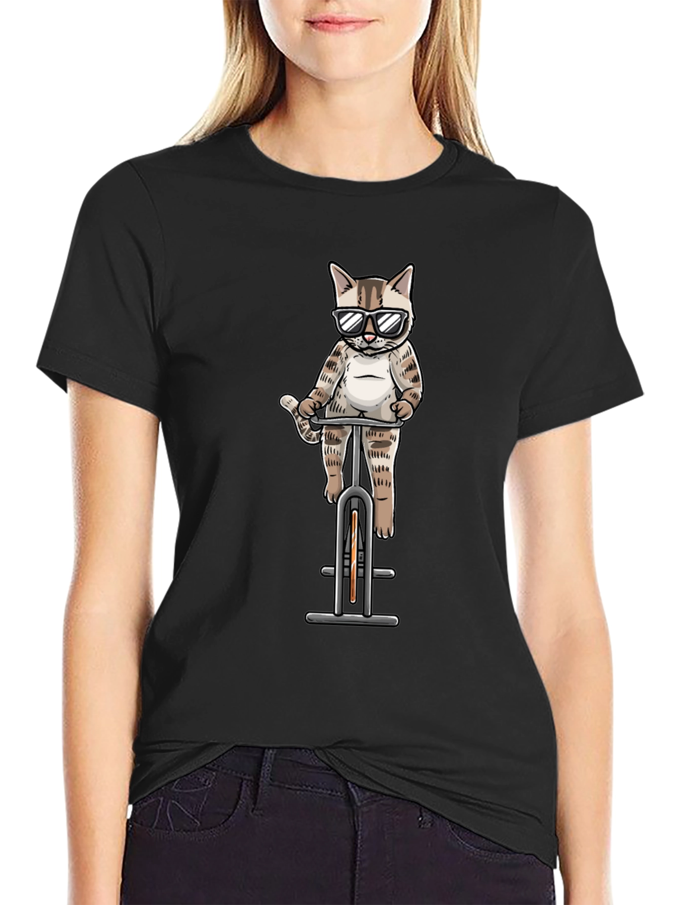Cool Cat Riding Bike Graphic Tee - Black