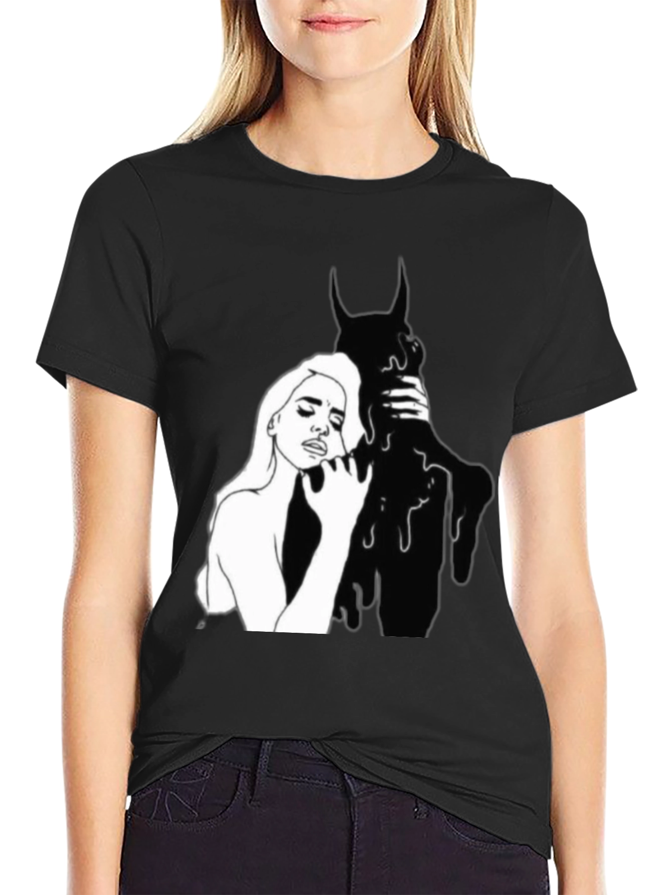 Stylish Black Graphic Tee - Woman and Shadow
