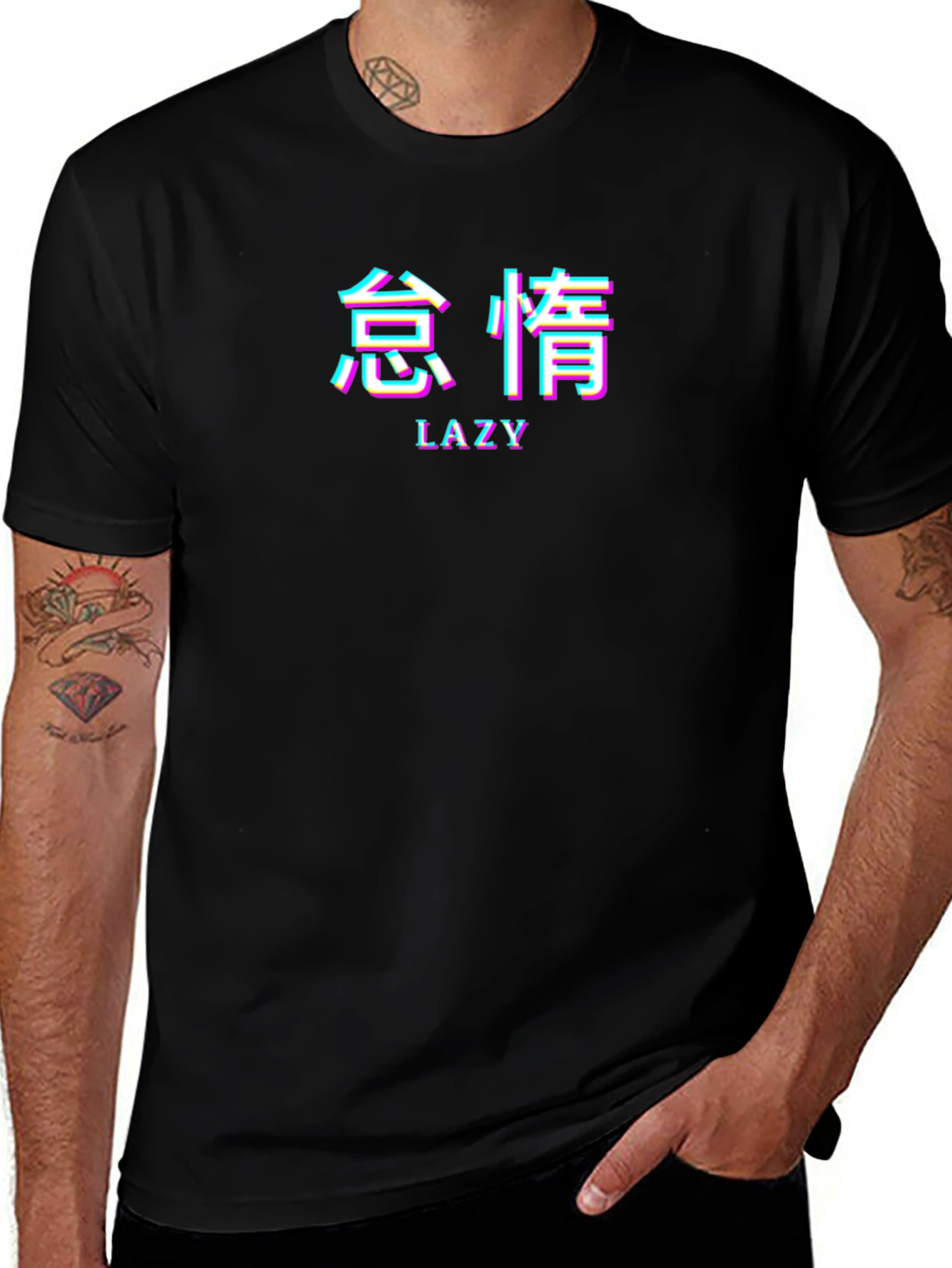 Lazy Graphic Tee - Black T-Shirt with Asian Text