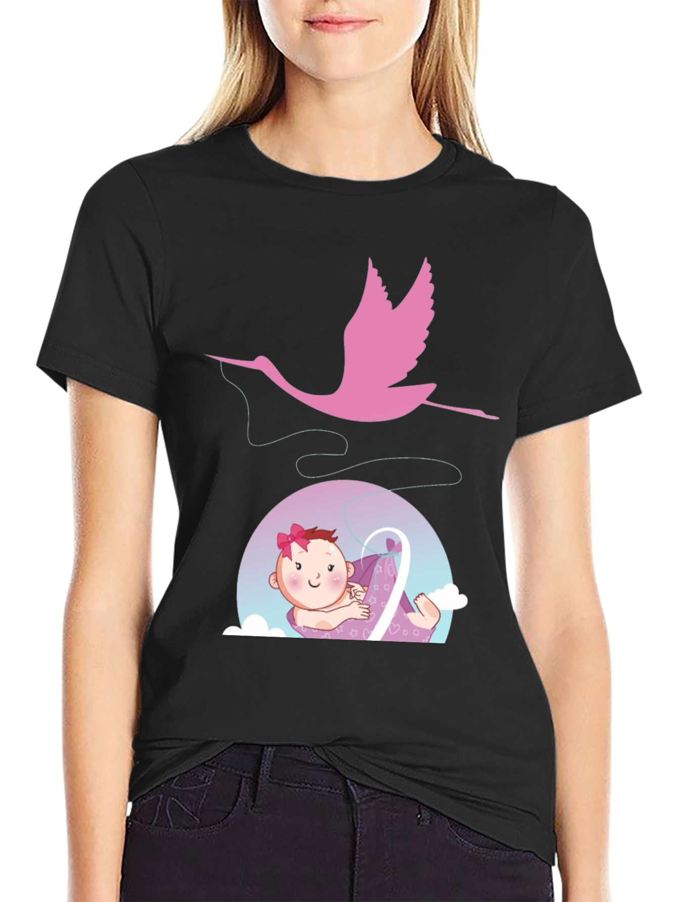 Cute Stork Delivering Baby T-Shirt - Black