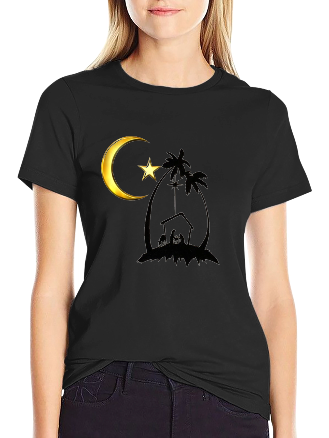 Crescent Moon Nativity Black T-Shirt