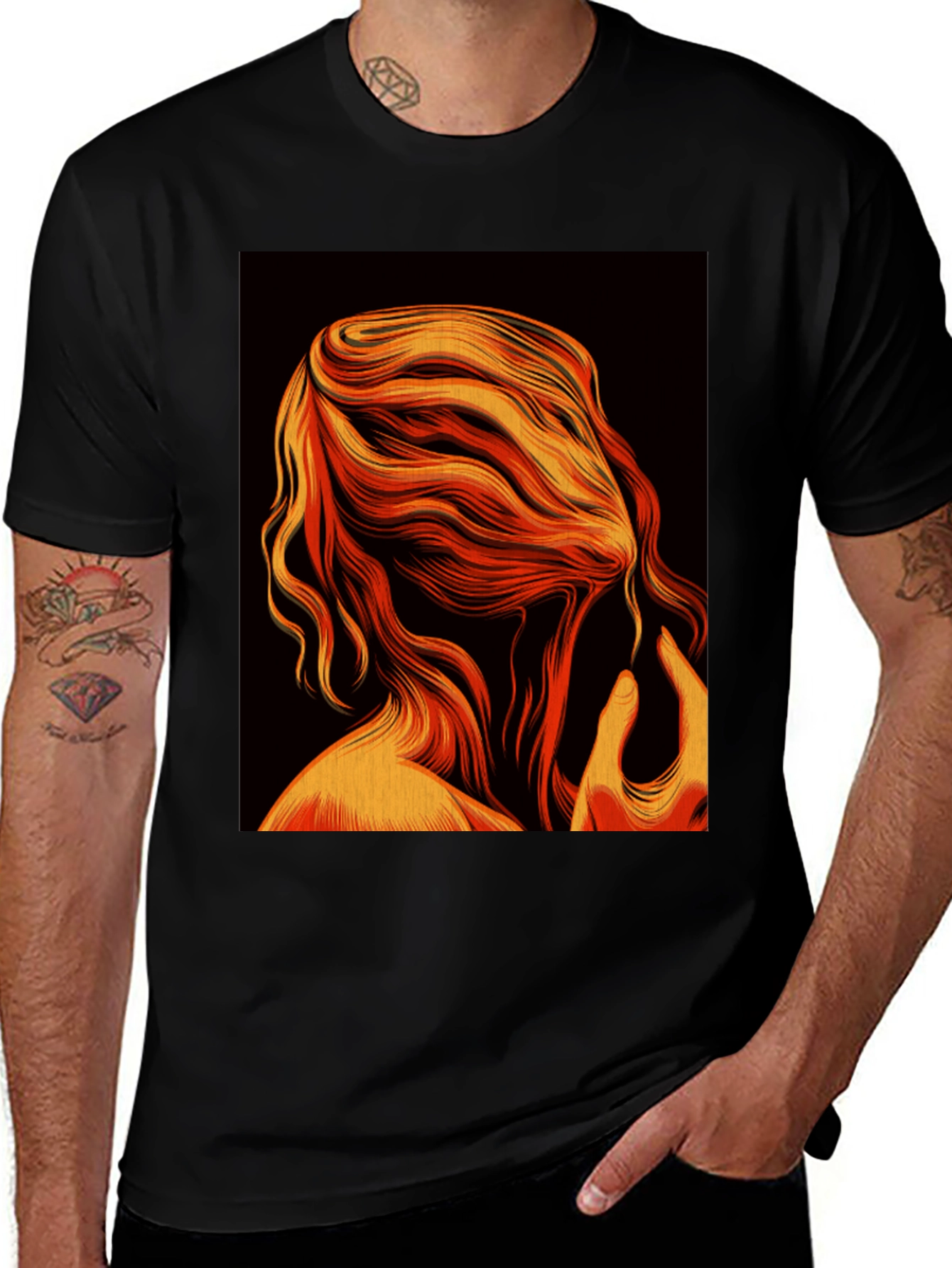 Abstract Flame Hair Graphic Black T-Shirt