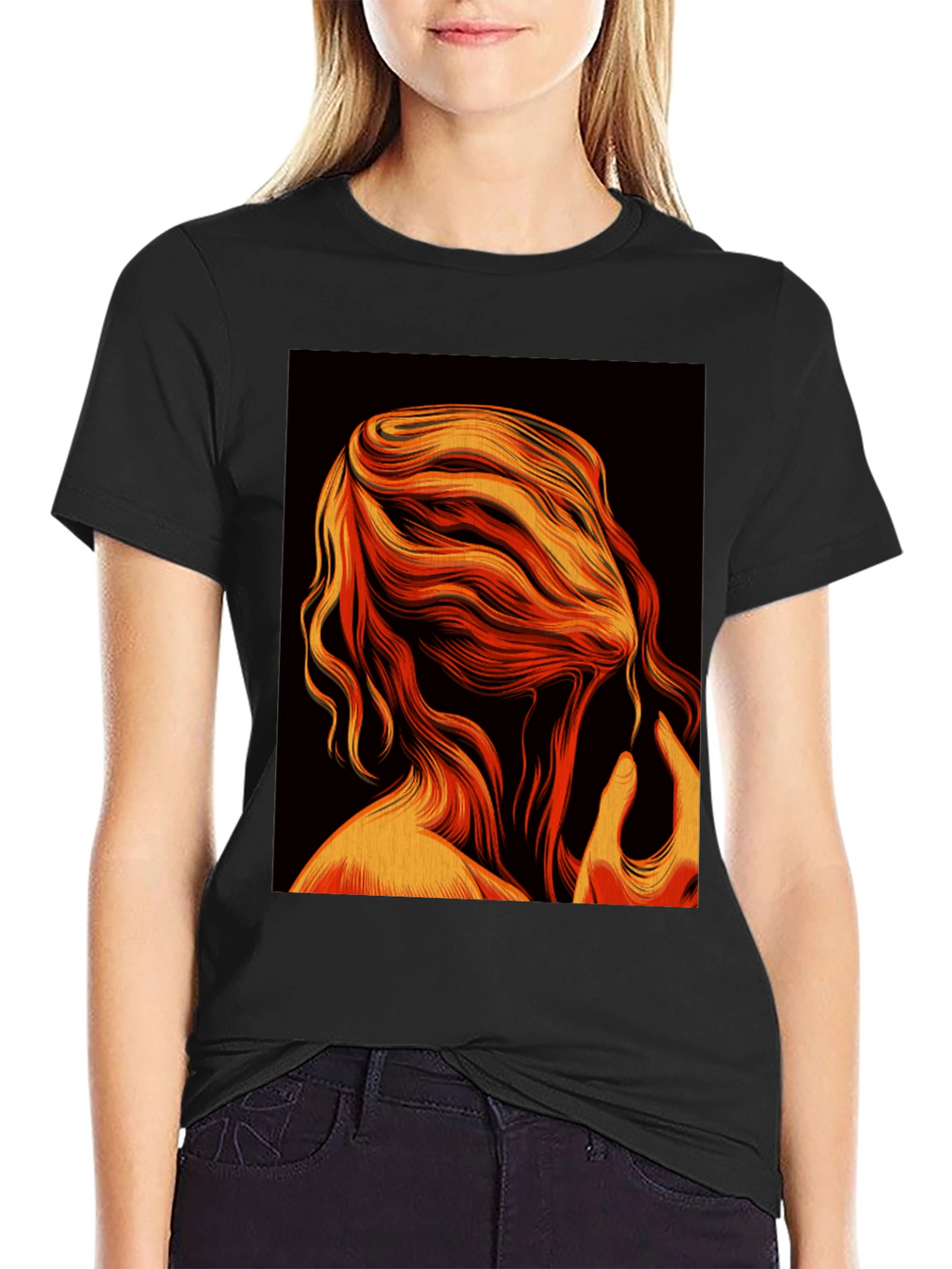 Abstract Flame Hair Graphic Black T-Shirt