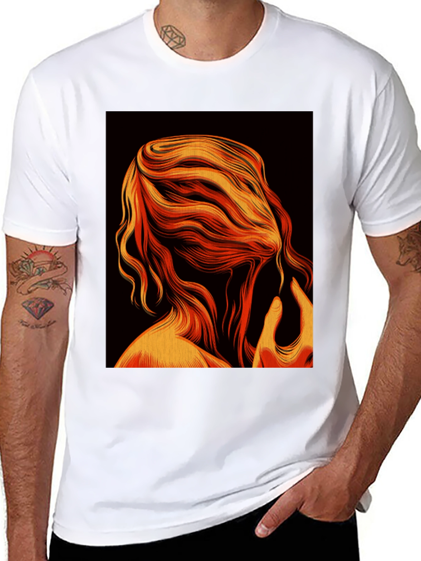 Abstract Flame Hair Graphic Black T-Shirt