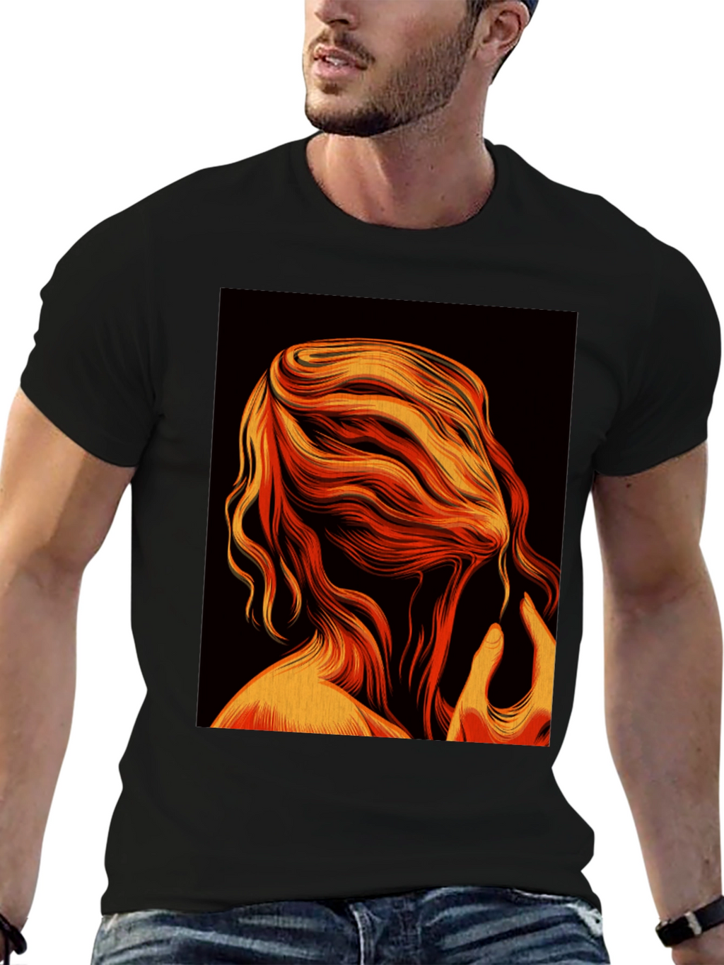 Abstract Flame Hair Graphic Black T-Shirt