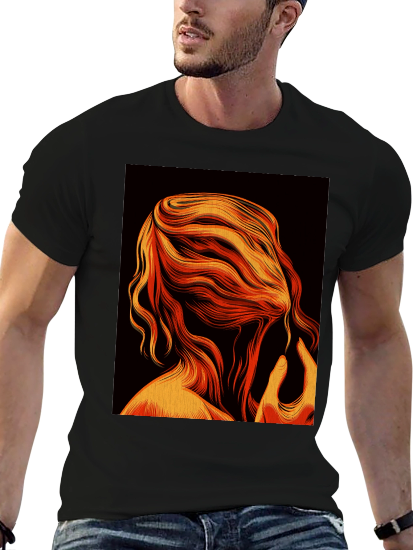 Abstract Flame Hair Graphic Black T-Shirt