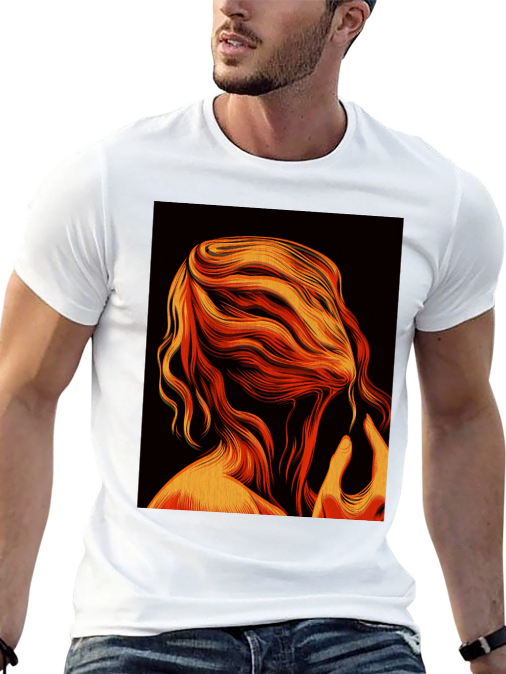 Abstract Flame Hair Graphic Black T-Shirt