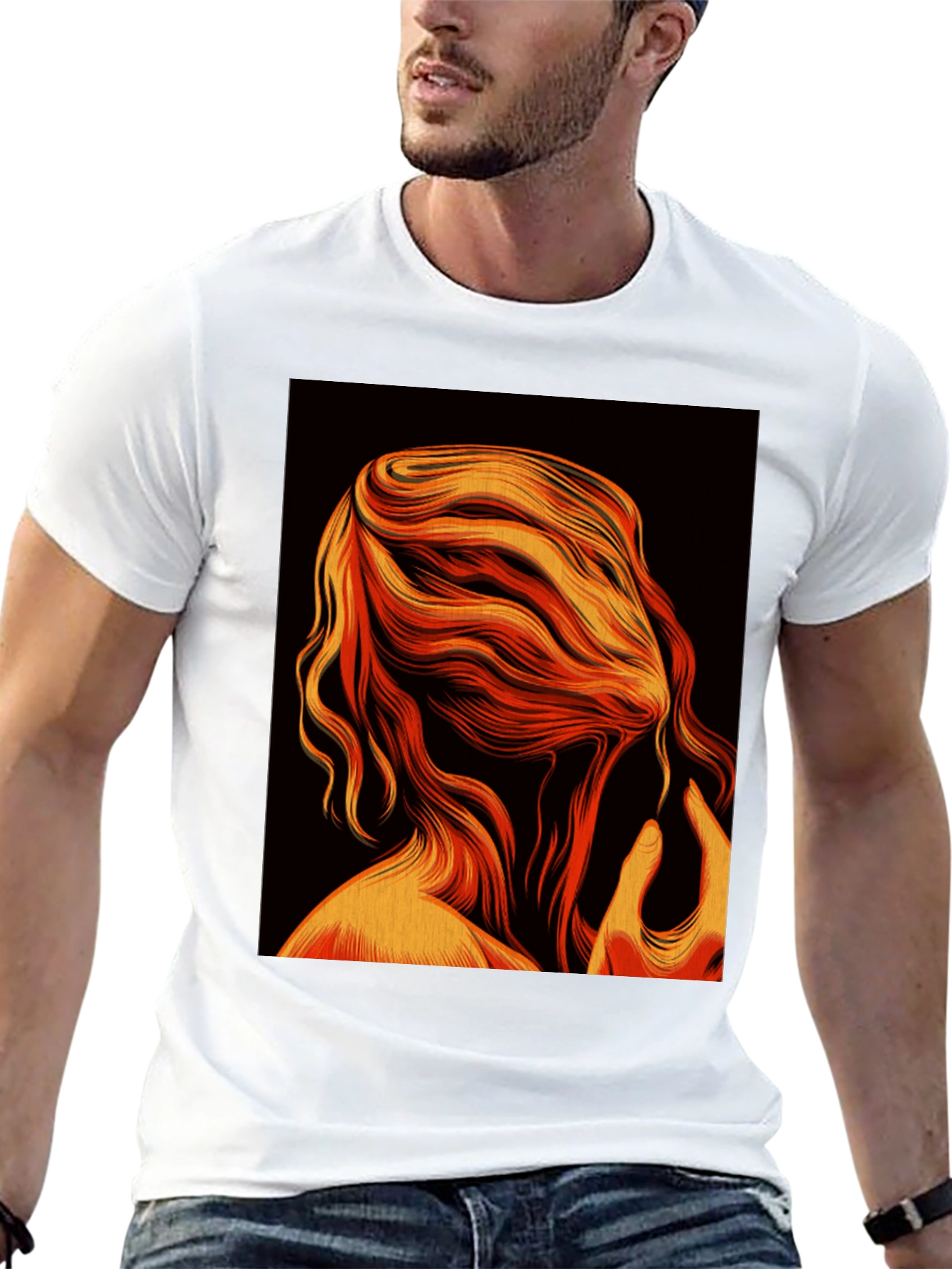Abstract Flame Hair Graphic Black T-Shirt