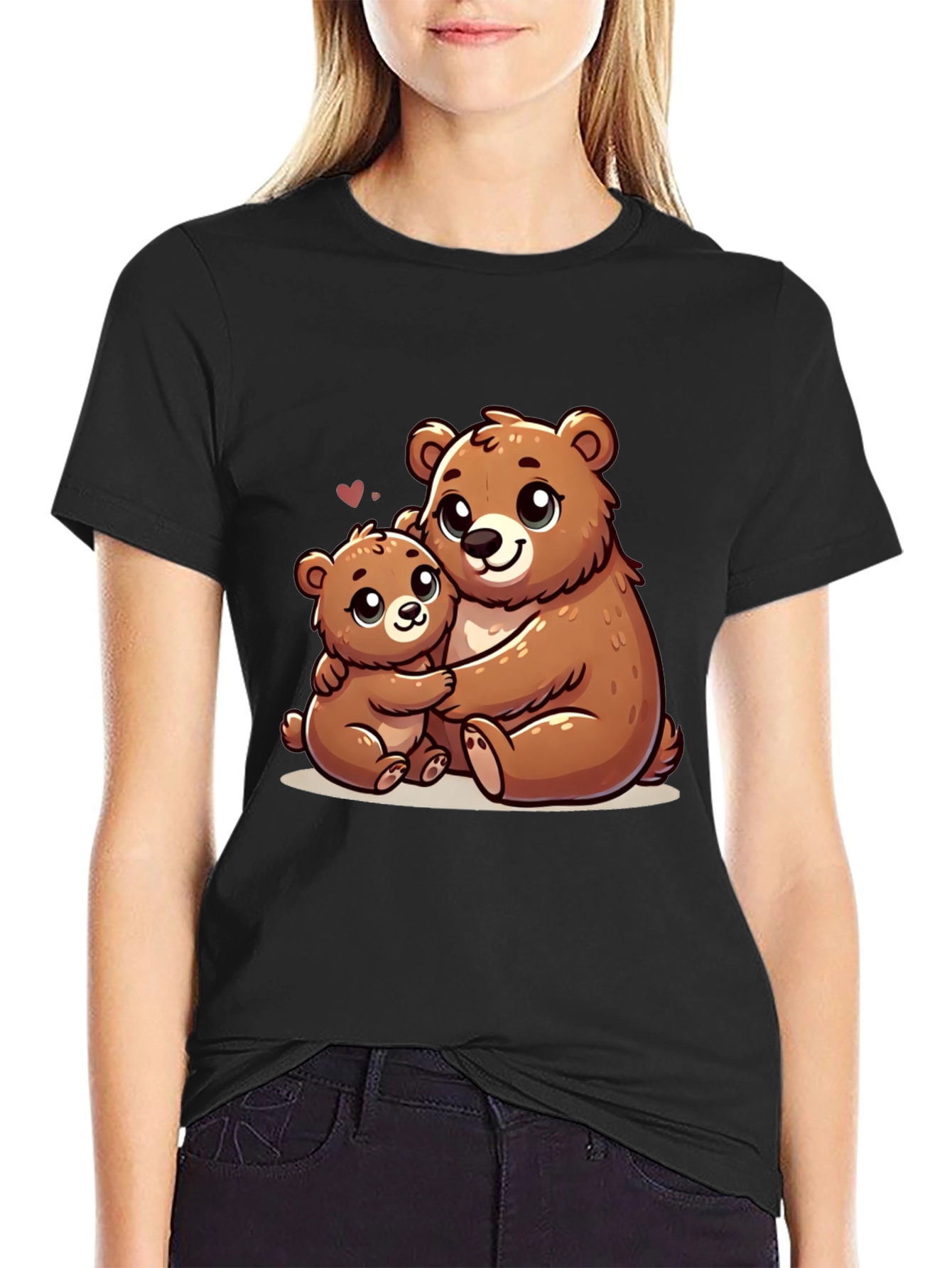 Cute Bear Hug Graphic Tee - Black Cotton Shirt