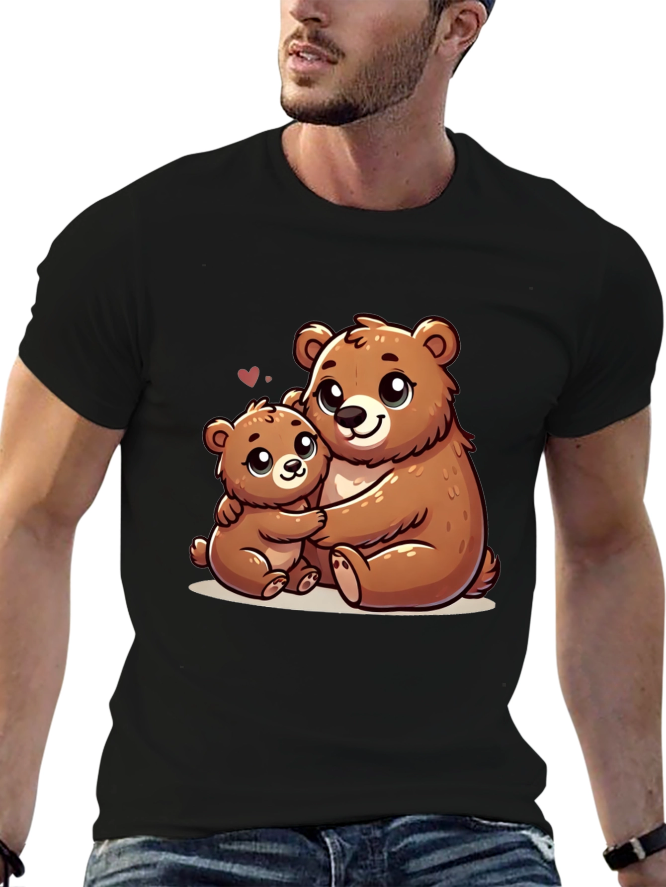 Cute Bear Hug Graphic Tee - Black Cotton Shirt
