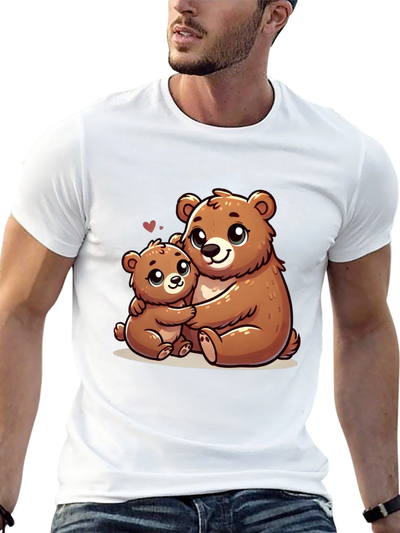 Cute Bear Hug Graphic Tee - Black Cotton Shirt