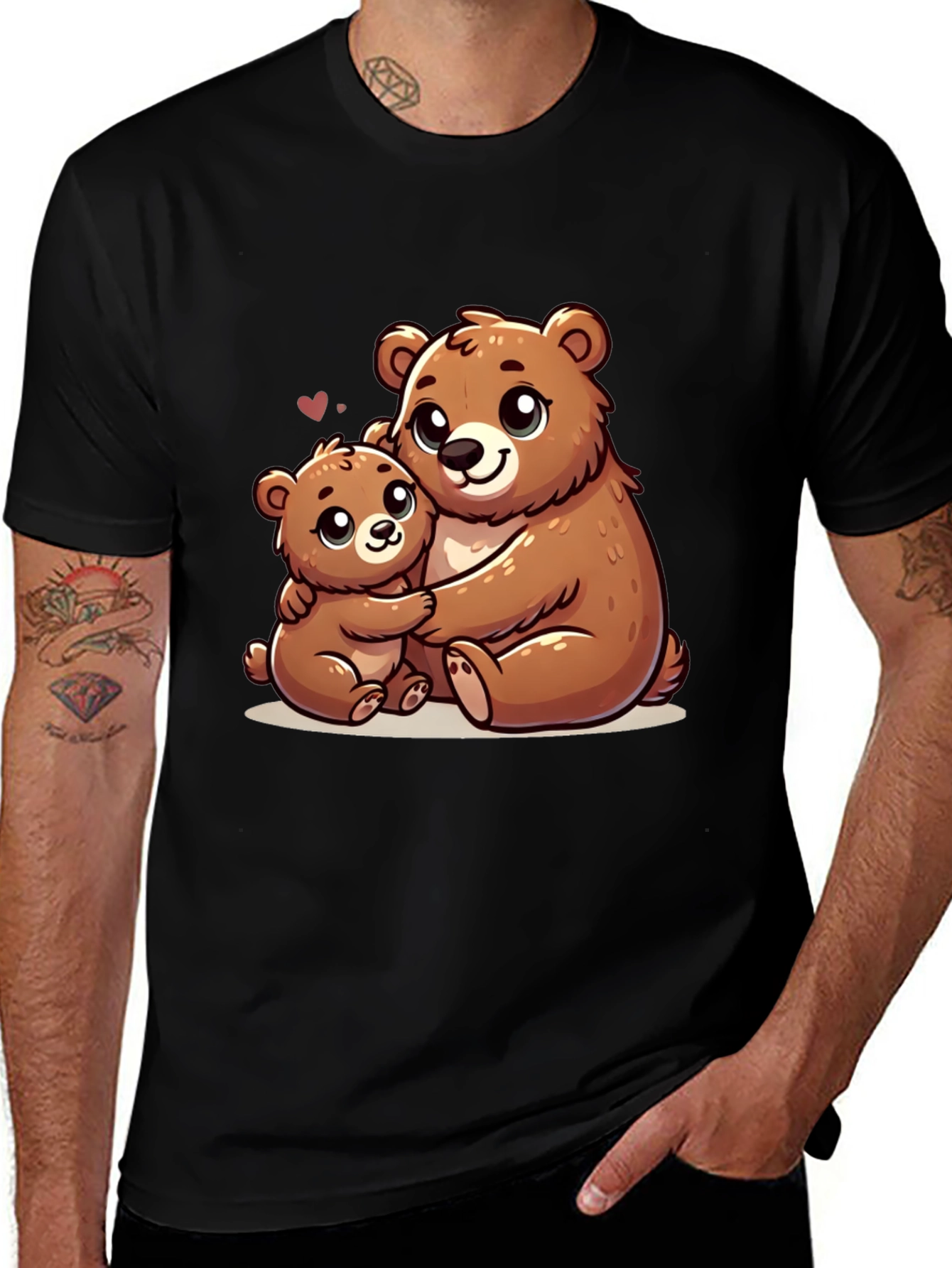 Cute Bear Hug Graphic Tee - Black Cotton Shirt
