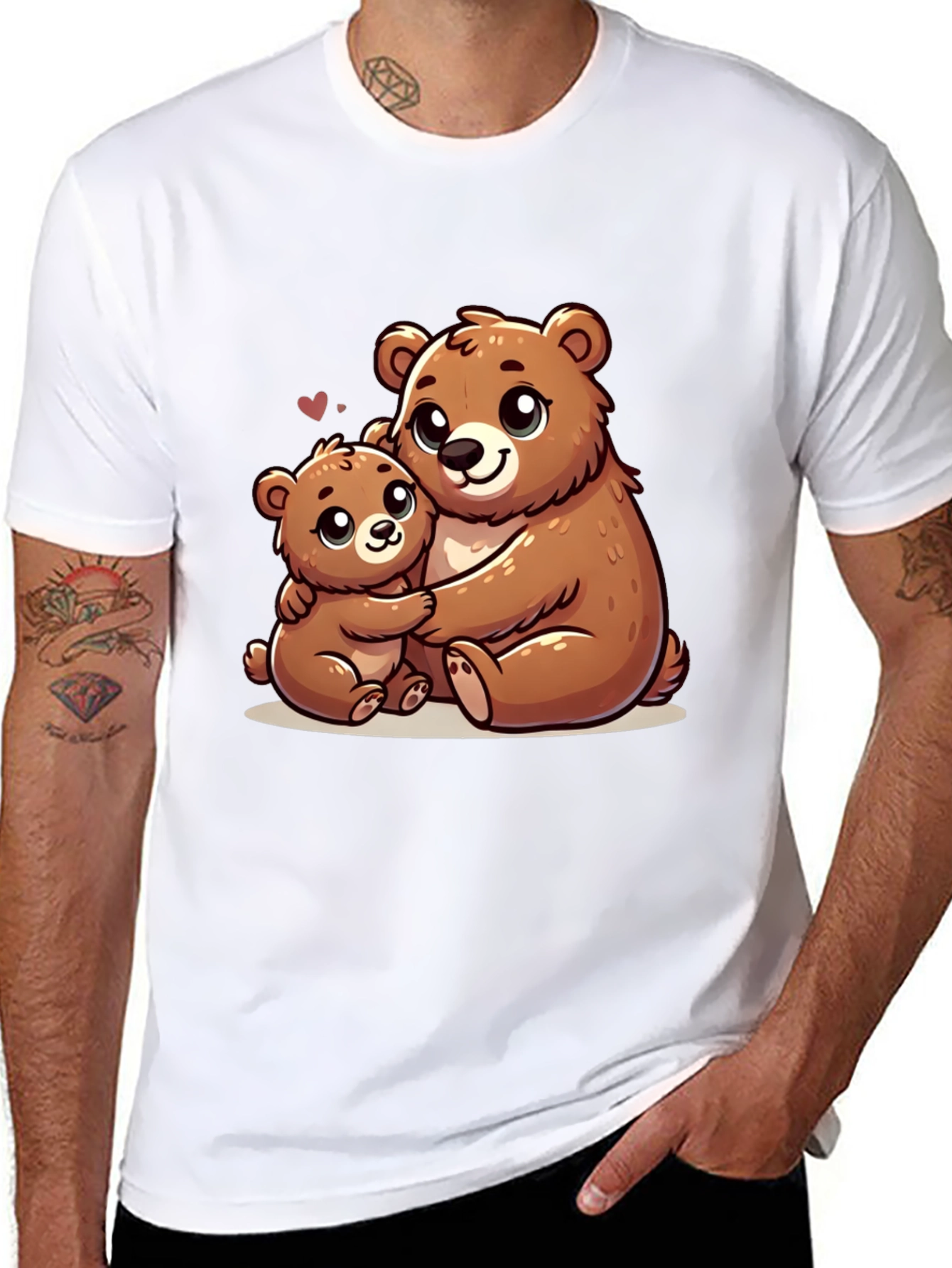 Cute Bear Hug Graphic Tee - Black Cotton Shirt
