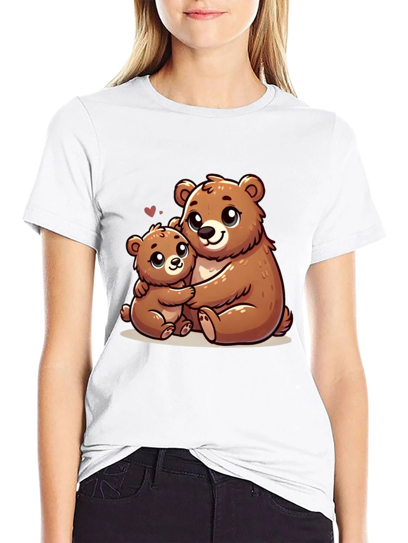 Cute Bear Hug Graphic Tee - Black Cotton Shirt