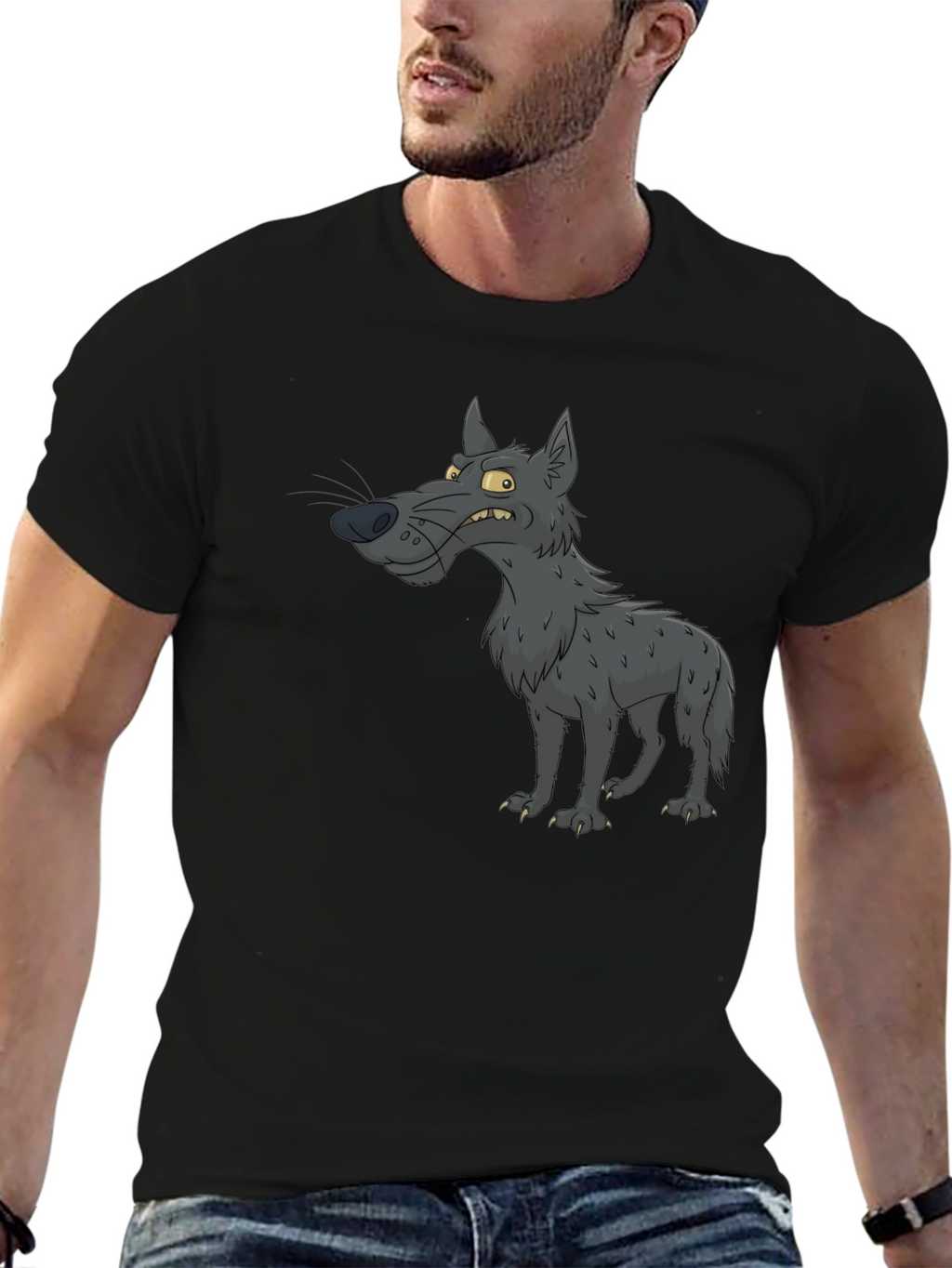 Cartoon Wolf Graphic Black T-Shirt