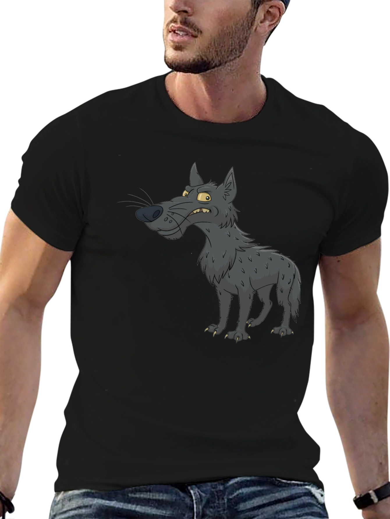 Cartoon Wolf Graphic Black T-Shirt
