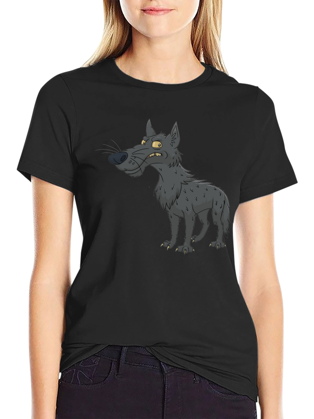 Cartoon Wolf Graphic Black T-Shirt