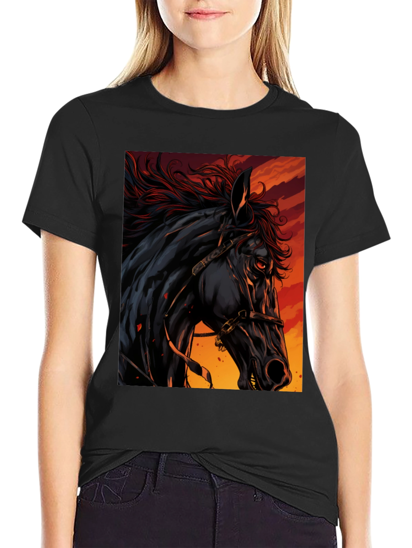 Black Horse Graphic Tee - Fiery Stallion Design