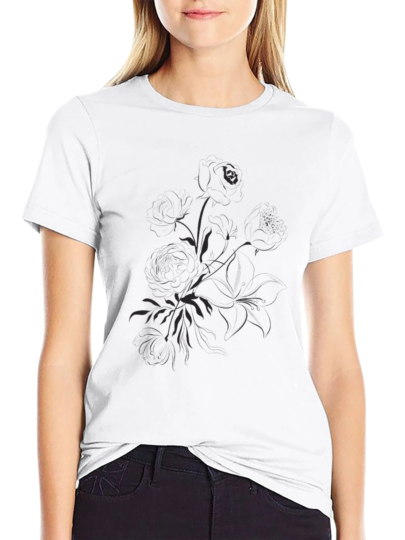 Black Graphic Tee - Floral Print Casual Shirt
