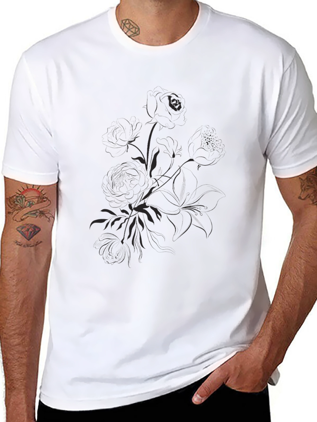 Black Graphic Tee - Floral Print Casual Shirt