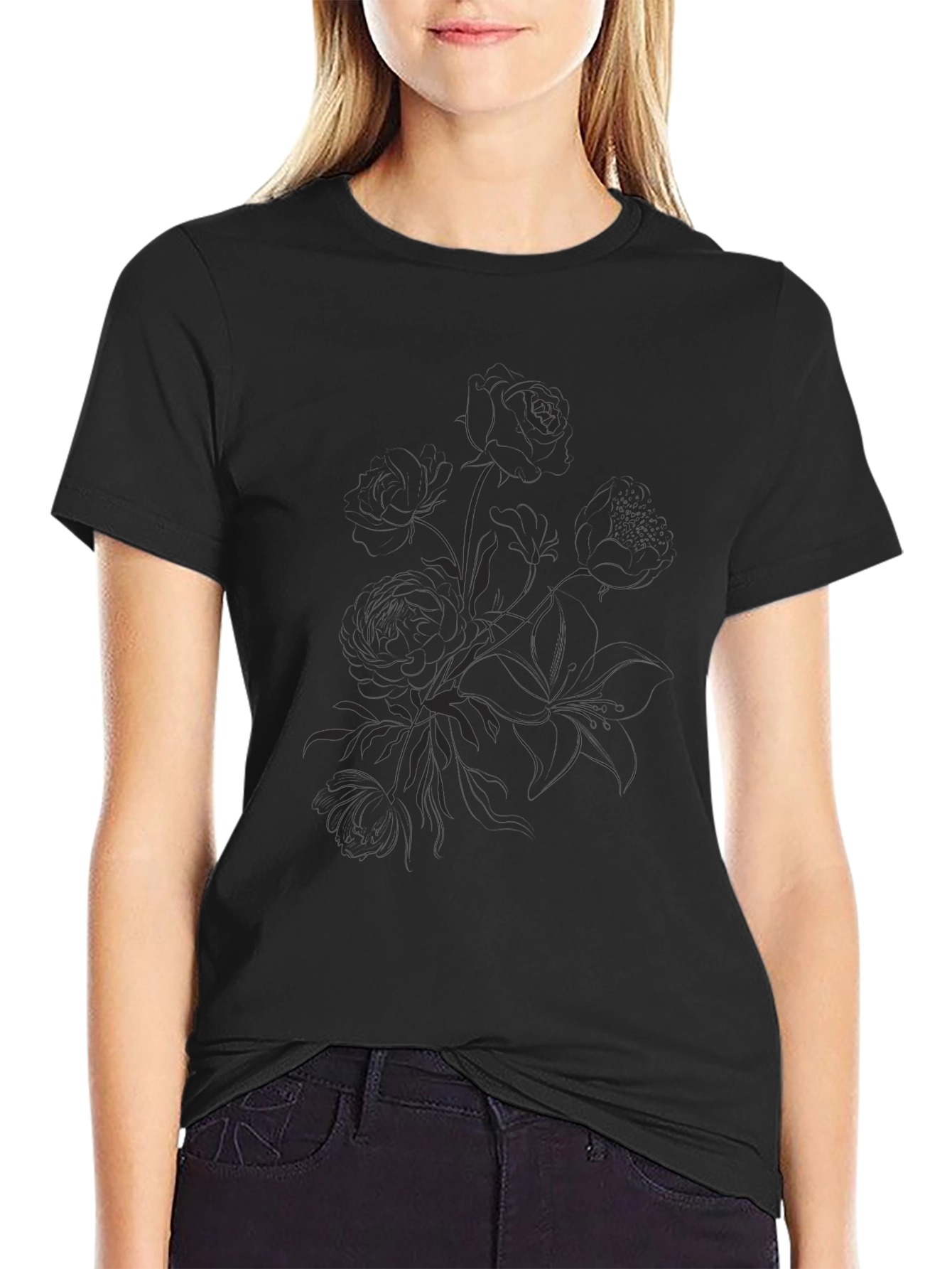 Black Graphic Tee - Floral Print Casual Shirt
