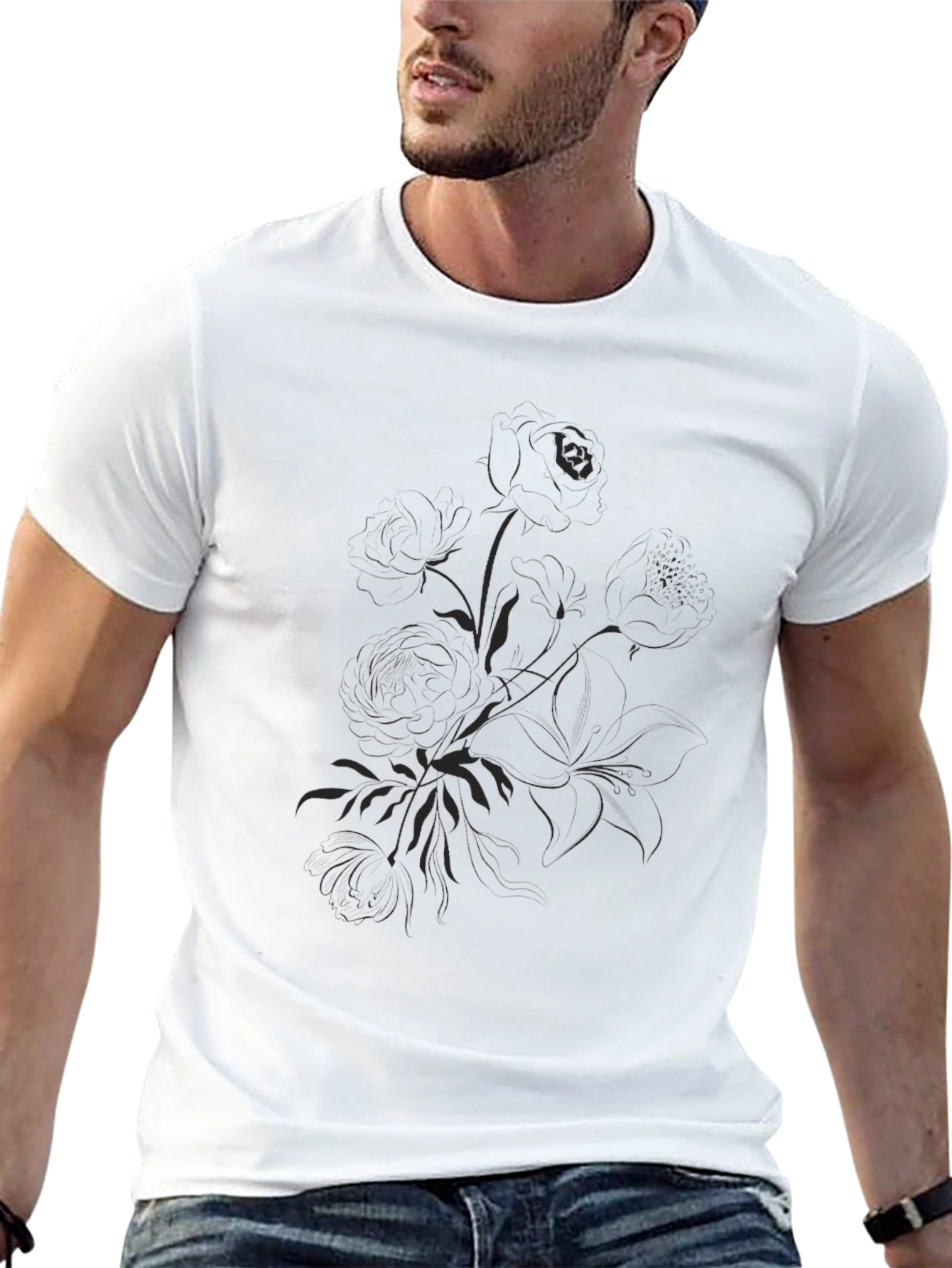 Black Graphic Tee - Floral Print Casual Shirt