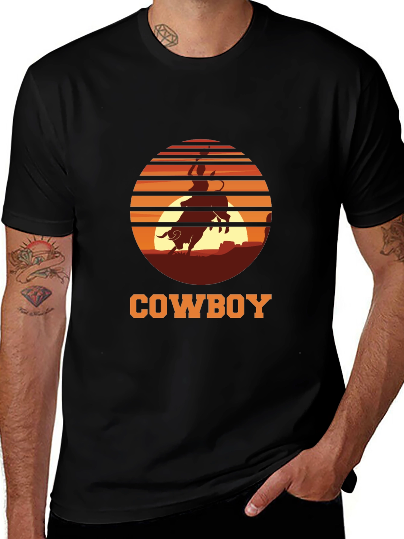 Cowboy Sunset Graphic Tee - Black Cotton T-Shirt