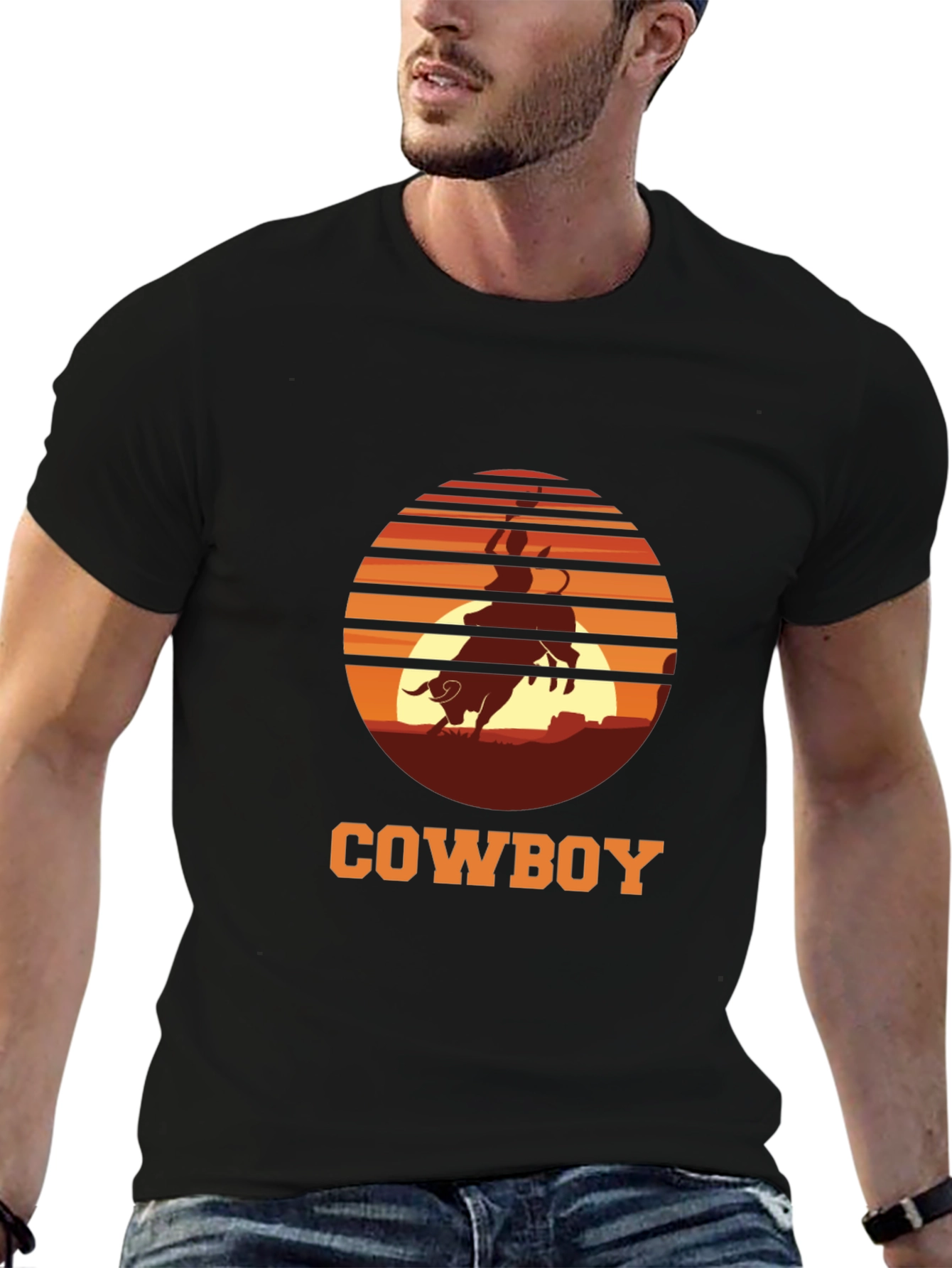 Cowboy Sunset Graphic Tee - Black Cotton T-Shirt