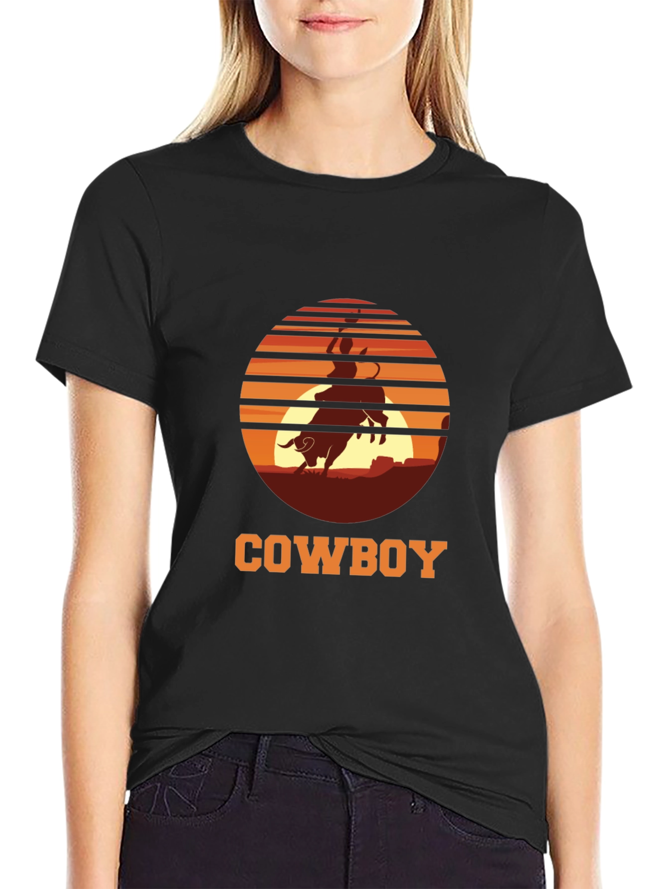 Cowboy Sunset Graphic Tee - Black Cotton T-Shirt