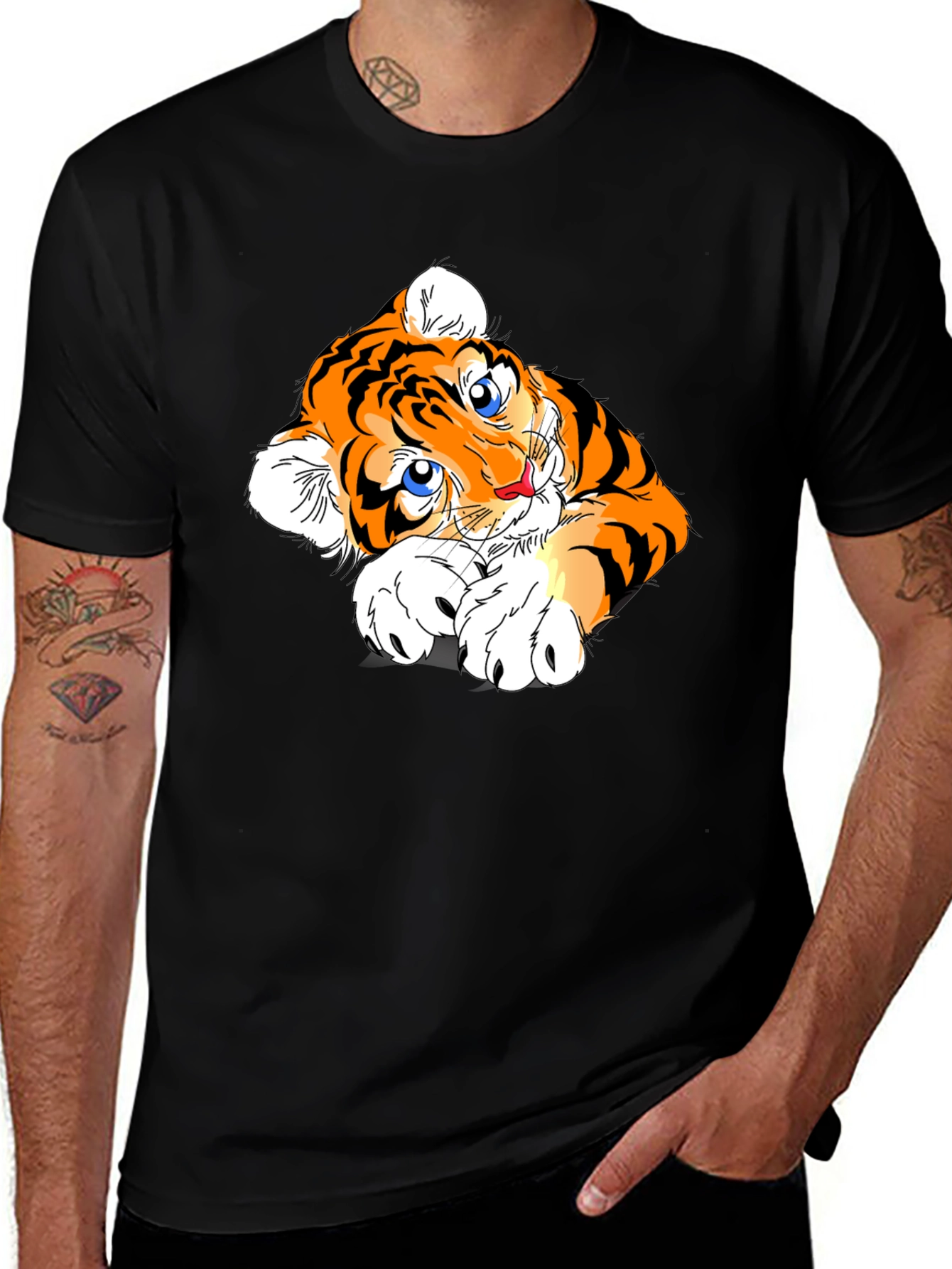 Cute Tiger Graphic Tee - Black Cotton Blend