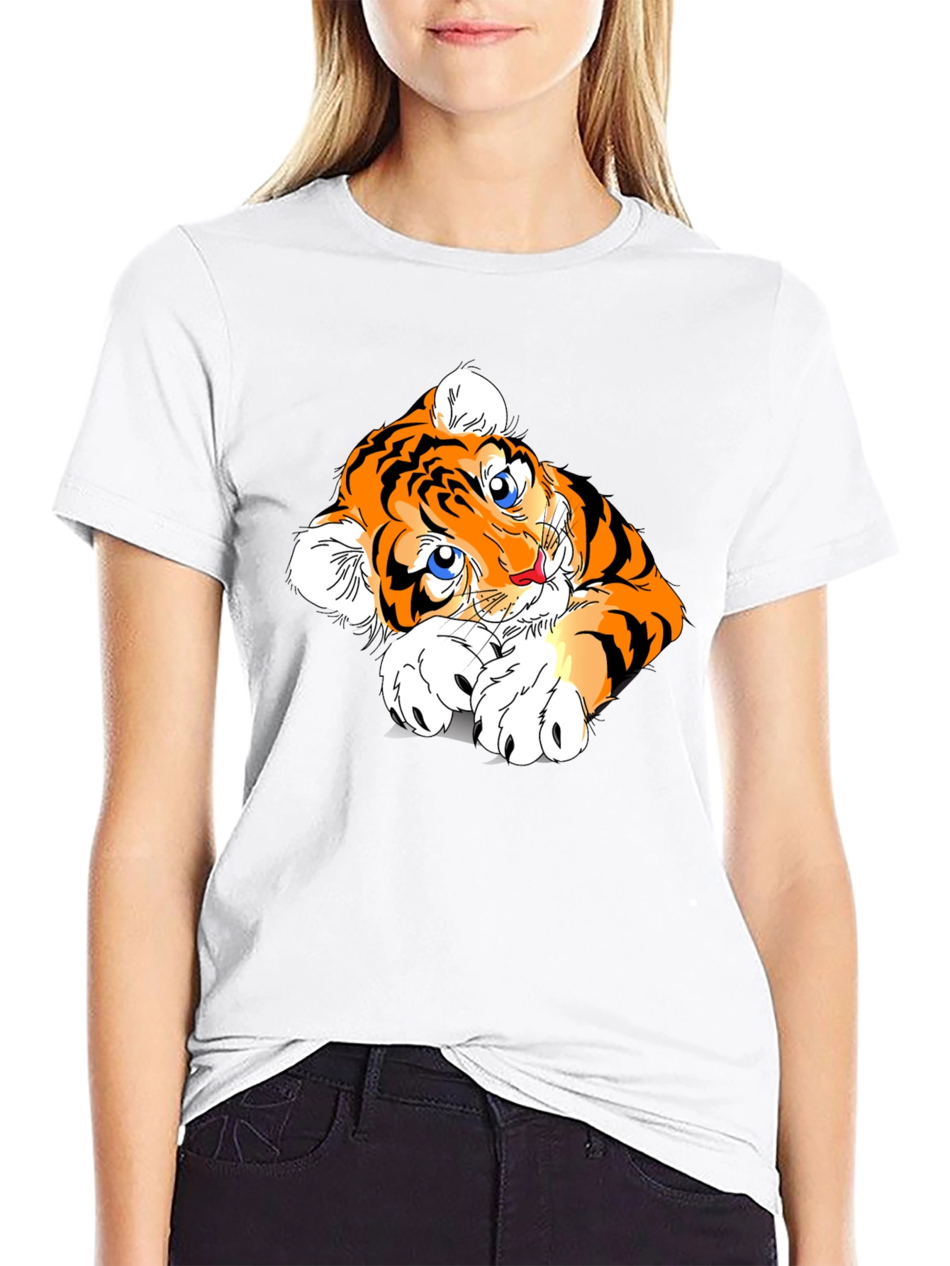 Cute Tiger Graphic Tee - Black Cotton Blend