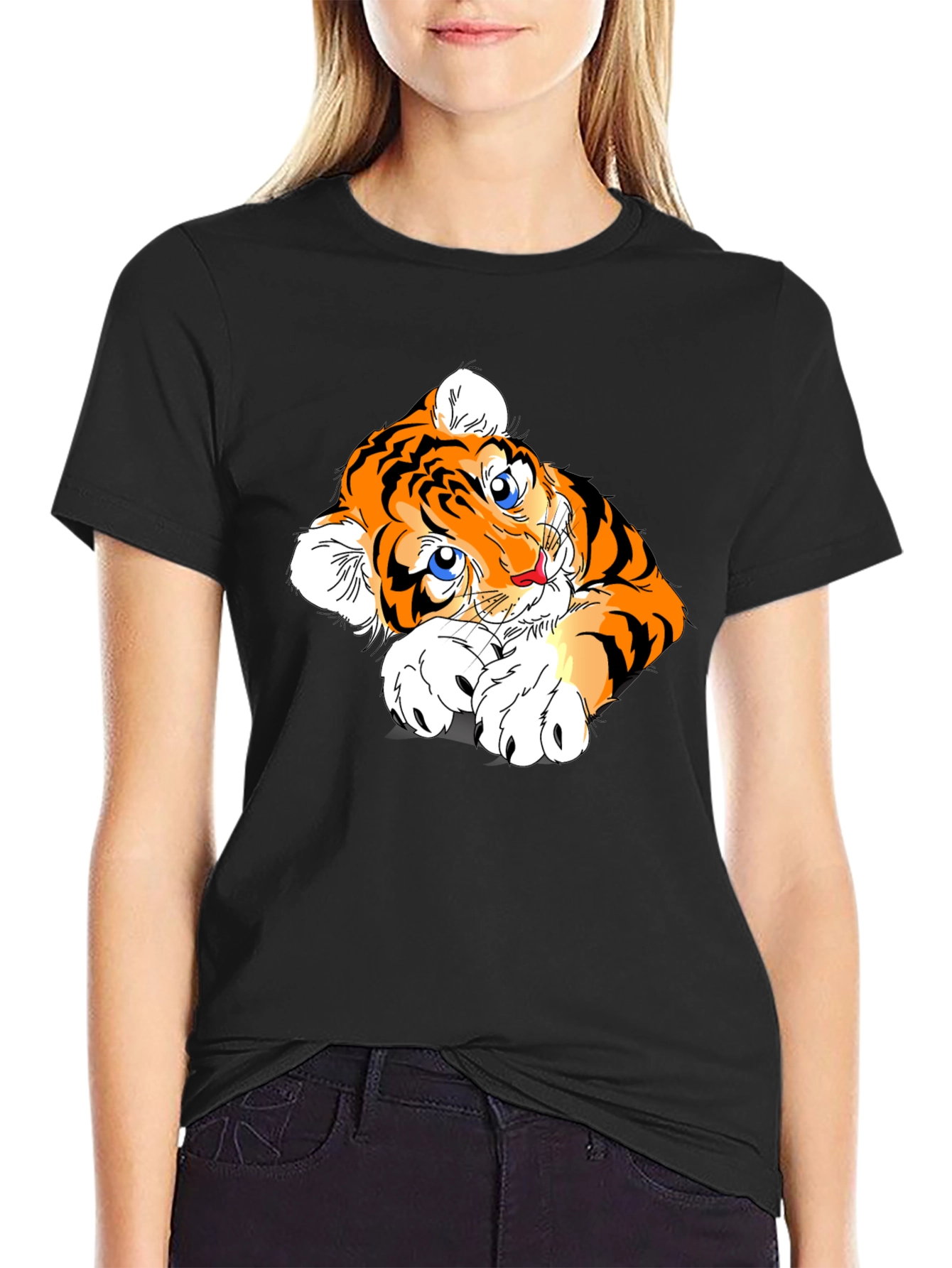 Cute Tiger Graphic Tee - Black Cotton Blend