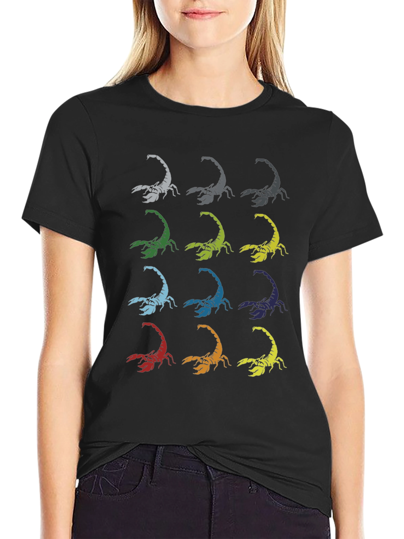 Colorful Scorpion Print Black T-Shirt