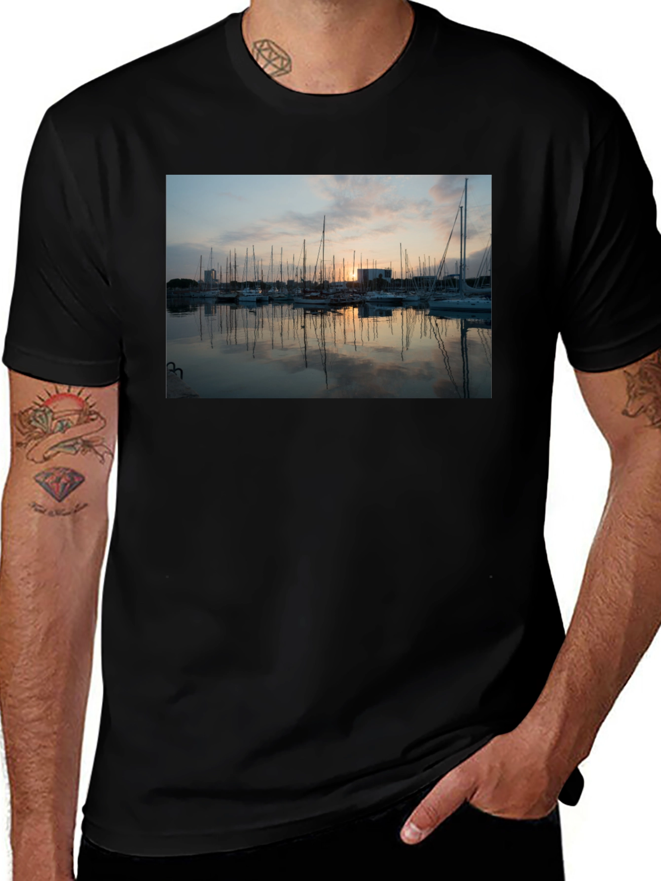 Sunset Marina Graphic Tee - Black Cotton T-Shirt