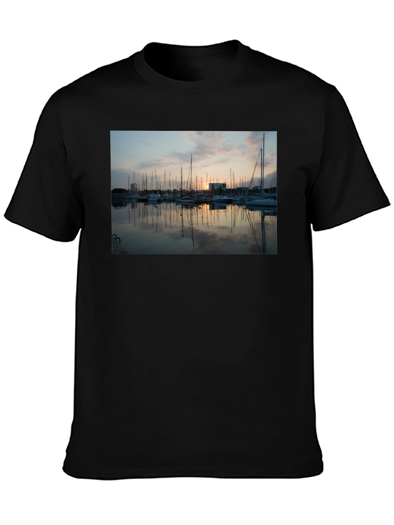 Sunset Marina Graphic Tee - Black Cotton T-Shirt