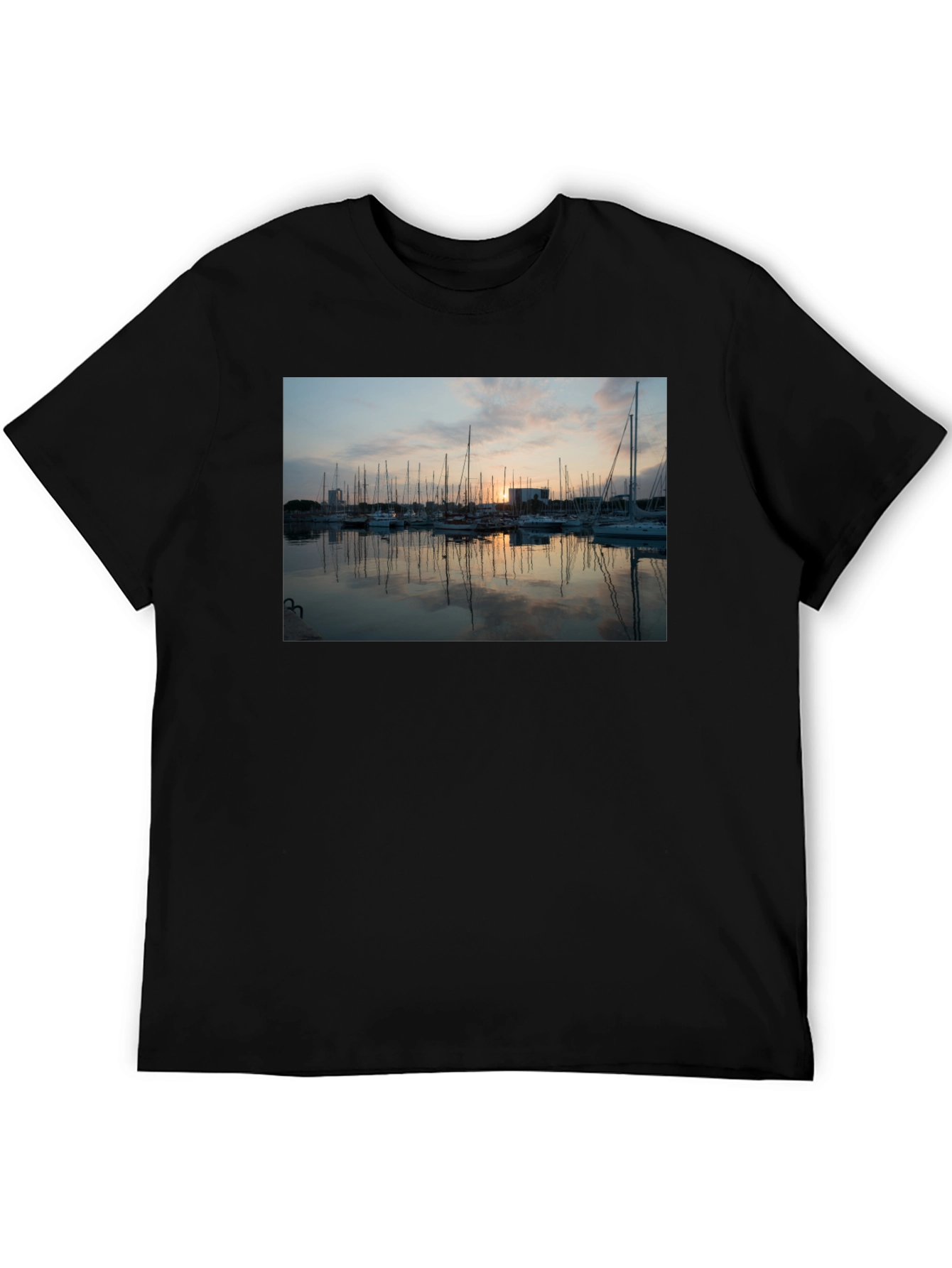 Sunset Marina Graphic Tee - Black Cotton T-Shirt