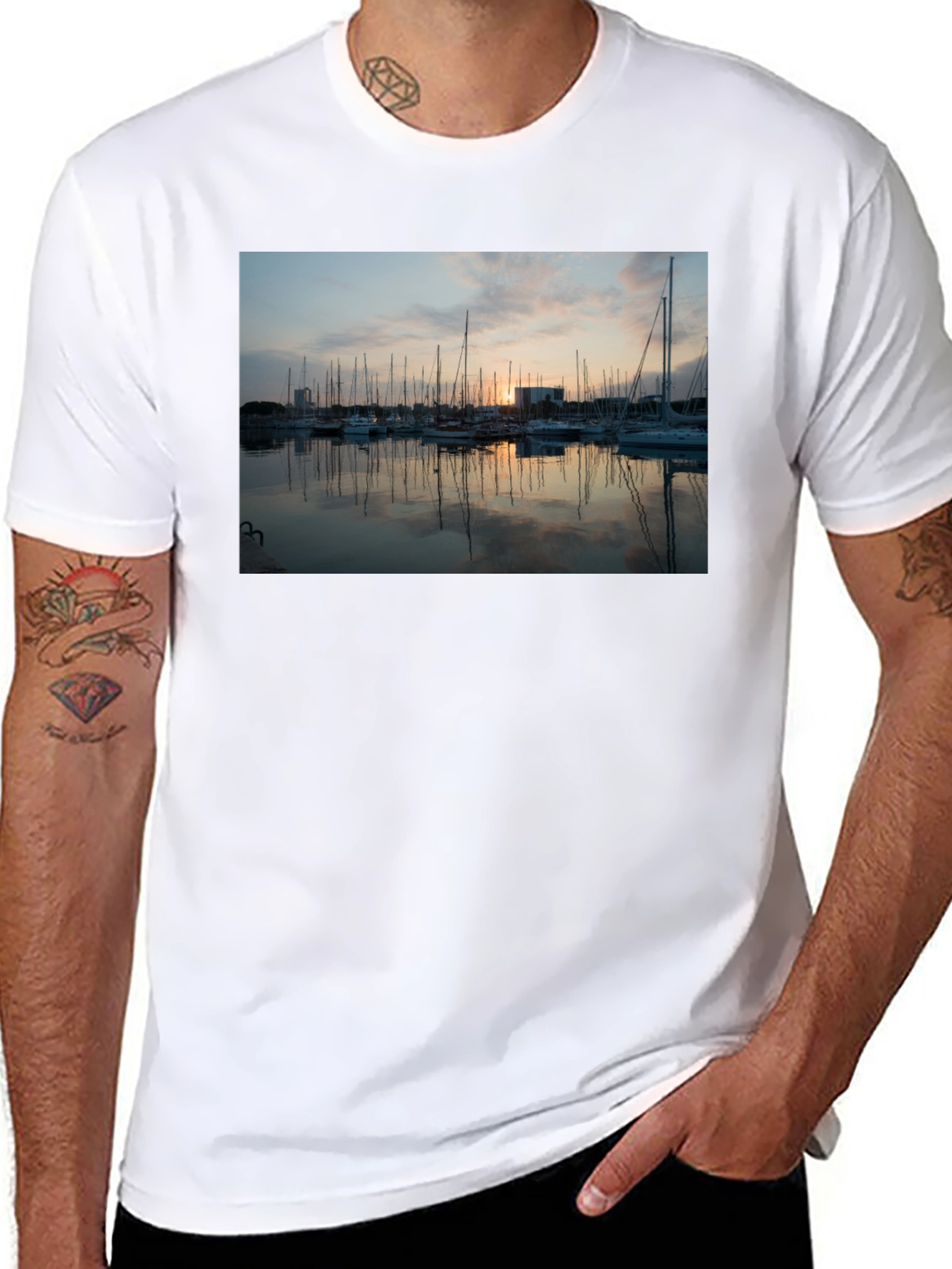 Sunset Marina Graphic Tee - Black Cotton T-Shirt