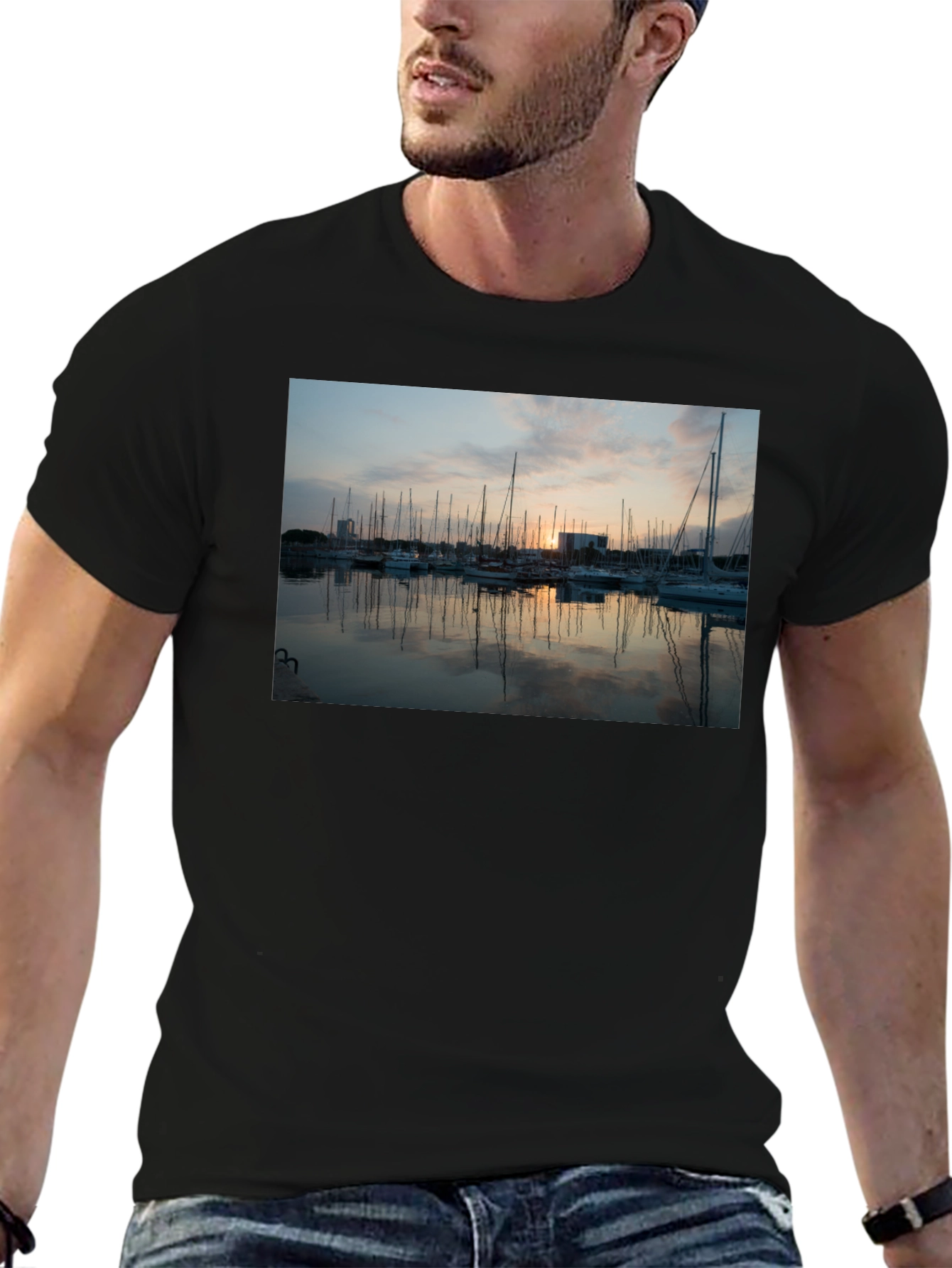 Sunset Marina Graphic Tee - Black Cotton T-Shirt