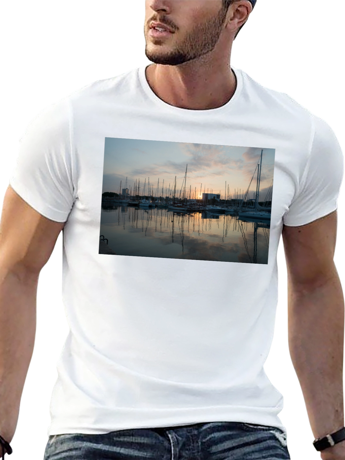 Sunset Marina Graphic Tee - Black Cotton T-Shirt