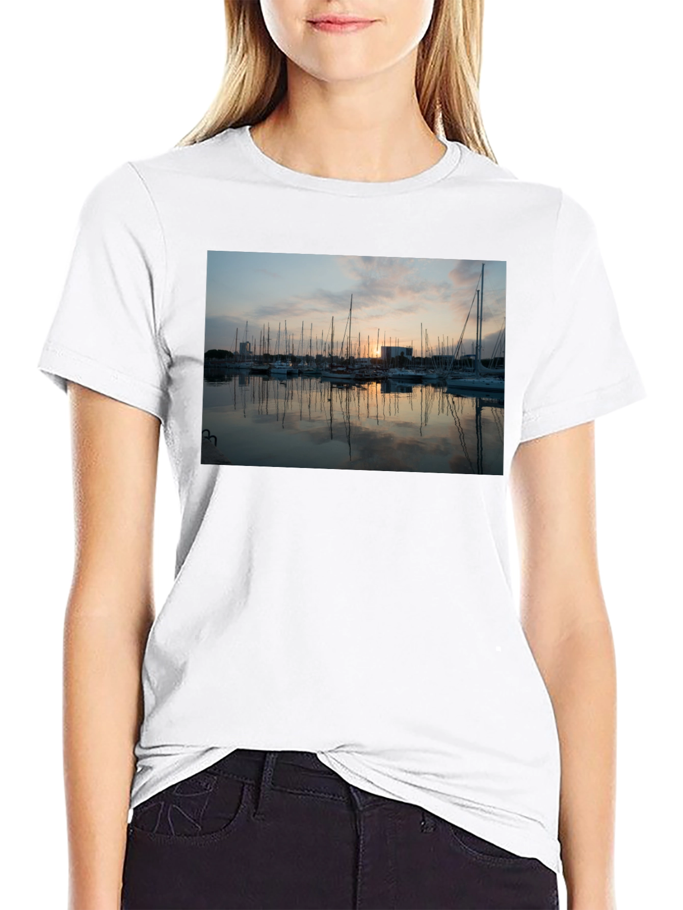 Sunset Marina Graphic Tee - Black Cotton T-Shirt